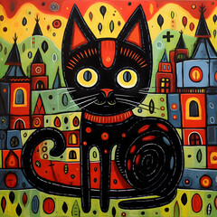 Colorful cat illustration. Folk art style cat.