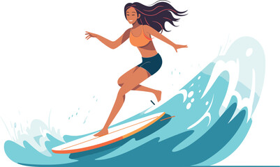 surfing girl illustration, Cheerful girl surfing with joyful expression
