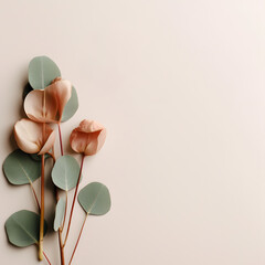Flat lays background. Top view. Strewn eucalyptus leaves with tulip.