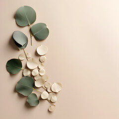 Flat lays background mockup. View from above. Strewn eucalyptus leaves.