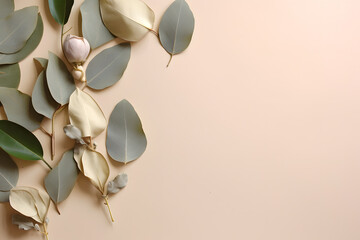 Blank space for text on flat background. Flat lays background. View from above. Strewn eucalyptus leaves.
