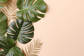 Blank space for text on flat colour background. Contemporary minimalist flat lays background with copyspace and strewn Monstera leaves positioned towards the left.