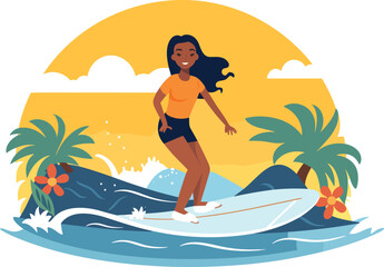 Obraz na płótnie Canvas surfing girl illustration, Cheerful girl surfing with joyful expression