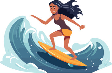 surfing girl illustration, Cheerful girl surfing with joyful expression - obrazy, fototapety, plakaty