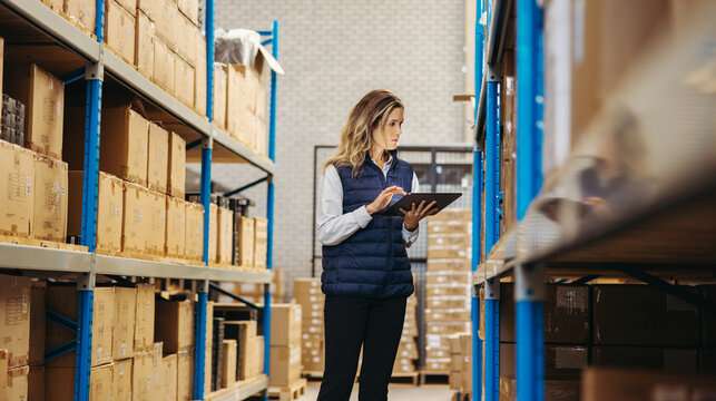 Female logistics worker taking stock using a digital tablet