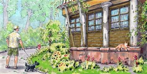 A walk with a small dog and a meeting with a cat that lies on the old veranda. Urban landscape.