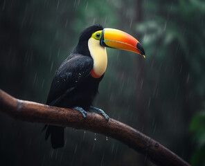 Toucan bird, in rainforest, perched on branch, in light rain; a generative AI created illustration