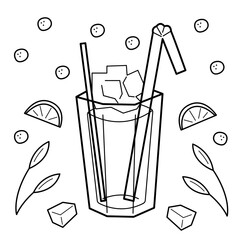 Glass cup with straws and cold drink. Doodle black and white vector illustration.