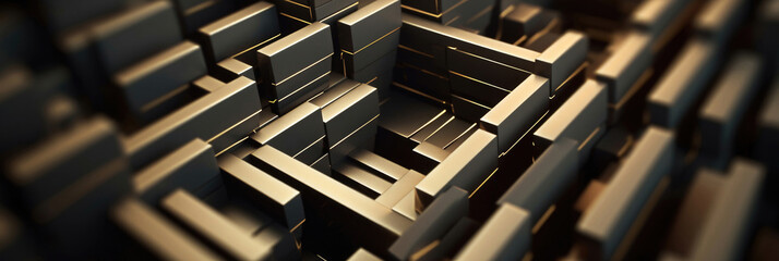 Abstract Gold And Black Cube Maze On Black Background With White Border - Stunning Stock Photo 3D Generic Animation Motion Frame Generative AI