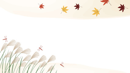 紅葉とススキととんぼがモチーフの和風の水彩風背景イラストフレーム - obrazy, fototapety, plakaty