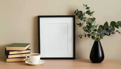 New Style wood vertical frame mockup for art and quotes. Vintage stack of books and flowers etc.