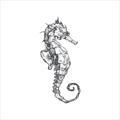 Handdrawn seahorse illustration, sea animal, sea, ocean, fish, sushi, drawing