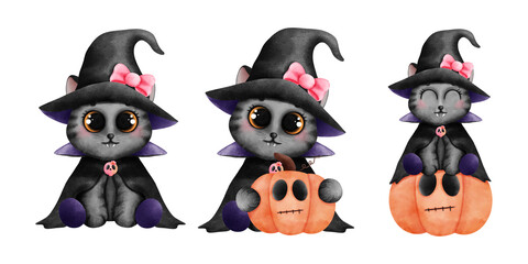Set of watercolor baby black cat illustration. Halloween cat with pumpkins isolated on transparent background.