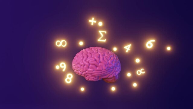 Human brain numbers mathematical symbols 3d animation loop. International Day of Mathematics science Algebra Math Learning Skills education Memory improvement Calculus Analysis Operations Memorization