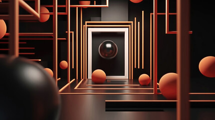 Bold And Vibrant: A Black And Orange Room With Striking Design Elements Including Balls, Bars, And A White Door For Your Stock Photo Needs 3D Animation Motion Graphic Still  Generative AI
