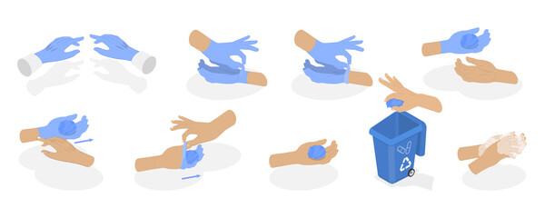 3D Isometric Flat  Conceptual Illustration of How To Remove Disposable Gloves