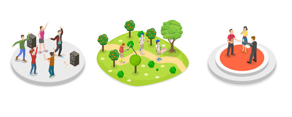3D Isometric Flat  Conceptual Illustration of Extracurricular Activities