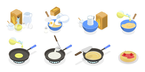 3D Isometric Flat  Conceptual Illustration of Pancake Recipe