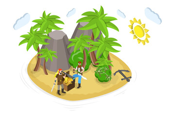 3D Isometric Flat  Conceptual Illustration of Pirate Treasure Island