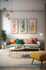 Fototapeta na wymiar A modern living room with Scandinavian minimalism. Clean-lined sofa in a light neutral tone, a set of minimalist side tables, and a statement rug with bold colors. Generative AI