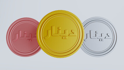 set of gold bronze and silver dinar coin isolated on white background, 3D render - obrazy, fototapety, plakaty