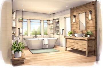 Fototapeta na wymiar Pencil Sketch Watercolor Cozy Scandinavian Bathroom with Natural Wood Decor