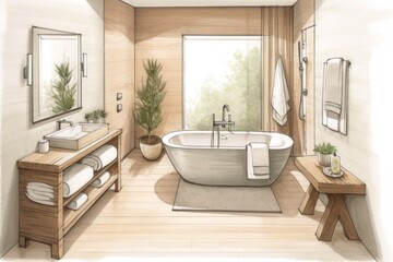 Fototapeta na wymiar Pencil Sketch Watercolor Cozy Scandinavian Bathroom with Natural Wood Decor