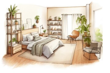 Fototapeta premium Pencil Sketch Watercolor Cozy Scandinavian Bedroom with Natural Wood Decor