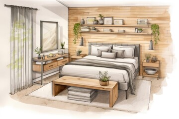 Pencil Sketch Watercolor Cozy Scandinavian Bedroom with Natural Wood Decor
