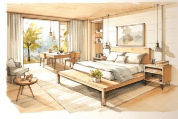 Naklejka na ściany i meble Pencil Sketch Watercolor Cozy Scandinavian Bedroom with Natural Wood Decor