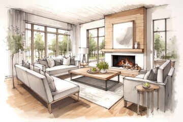 Fototapeta na wymiar Pencil Sketch Watercolor Cozy Scandinavian Living Room