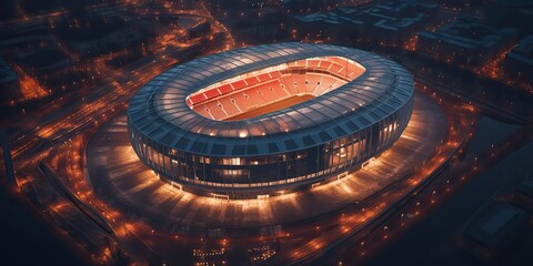 AI Generated. AI Generative. Aerial drone air view of arena stadium sport football soccer game. Night building in lights. Graphic Art