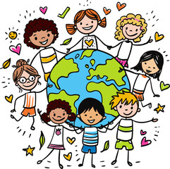 Happy Earth Day - Hand-drawn banner with multi-ethnic kids protecting earth and love ecology. Colored Vector Sketchnote illustration showing diverse boys and kids holding the earth.