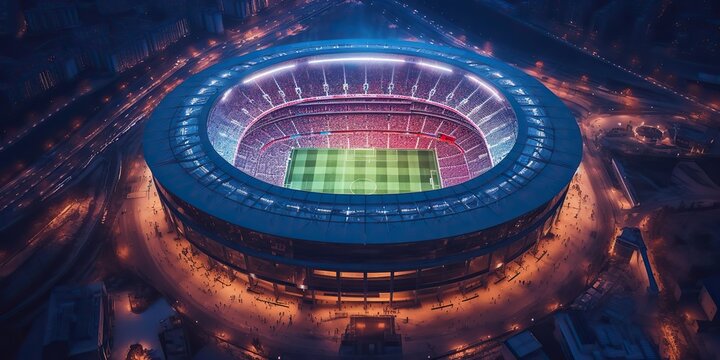 AI Generated. AI Generative. Aerial Drone Air View Of Arena Stadium Sport Football Soccer Game. Night Building In Lights. Graphic Art