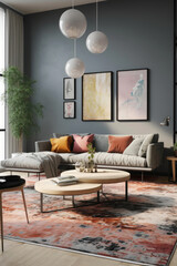 A modern living room with Scandinavian minimalism. Clean-lined sofa in a light neutral tone, a set of minimalist side tables, and a statement rug with bold colors. Generative AI