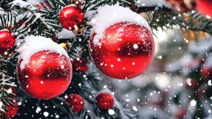 Fototapeta na wymiar Red Balls on Fir Branches - Winter Snowy Backdrop