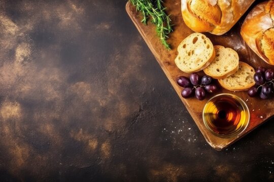 Italian Ciabatta bread in slices on olive wooden chopping board on dark stone background.