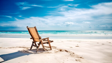 Fototapeta na wymiar Summer beach scene. Beach vacation concept with chair and blue sky. Generative AI.