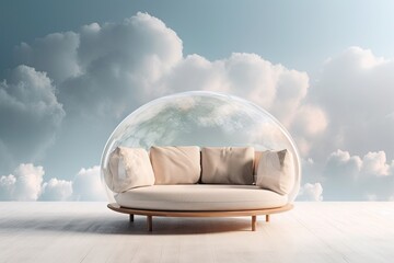 a translucent rond beige sofa standing in the clouds with a glas cover