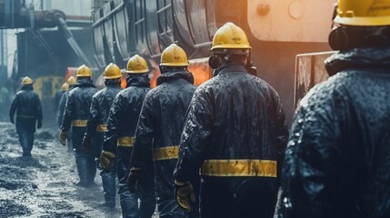 Obraz na płótnie Canvas Miners inside the mine in protective gear and helmets. Generative AI.