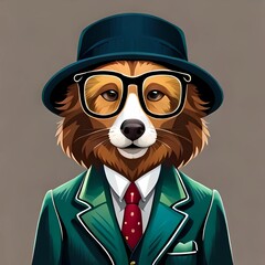 A cartoon dog wearing a  green suit and red tie, with a blue hat on its head. The dog is also wearing glasses. Its eyes are visible through the lenses, giving it an inquisitive expression.