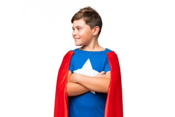 Super Hero caucasian kid over isolated chroma key background looking side