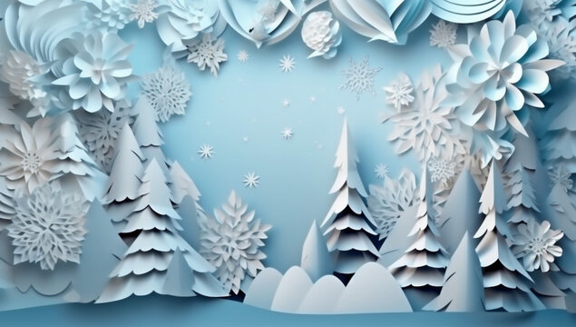merry christmas background snowflakes winter creative paper tree origami art blue. Generative AI.