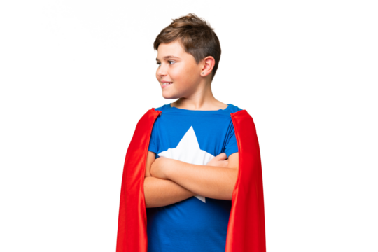 Super Hero caucasian kid over isolated chroma key background looking side