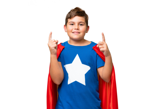 Super Hero caucasian kid over isolated chroma key background pointing up a great idea
