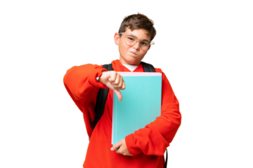 Little caucasian student kid over isolated chroma key background showing thumb down with negative expression