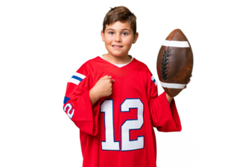 Little caucasian kid playing rugby over isolated chroma key background with surprise facial expression