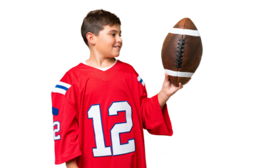 Little caucasian kid playing rugby over isolated chroma key background with happy expression
