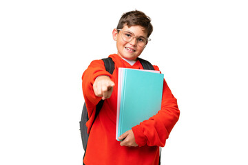 Little caucasian student kid over isolated chroma key background pointing front with happy expression