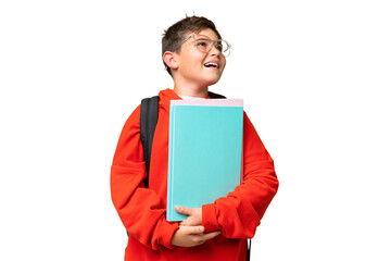 Little caucasian student kid over isolated chroma key background laughing